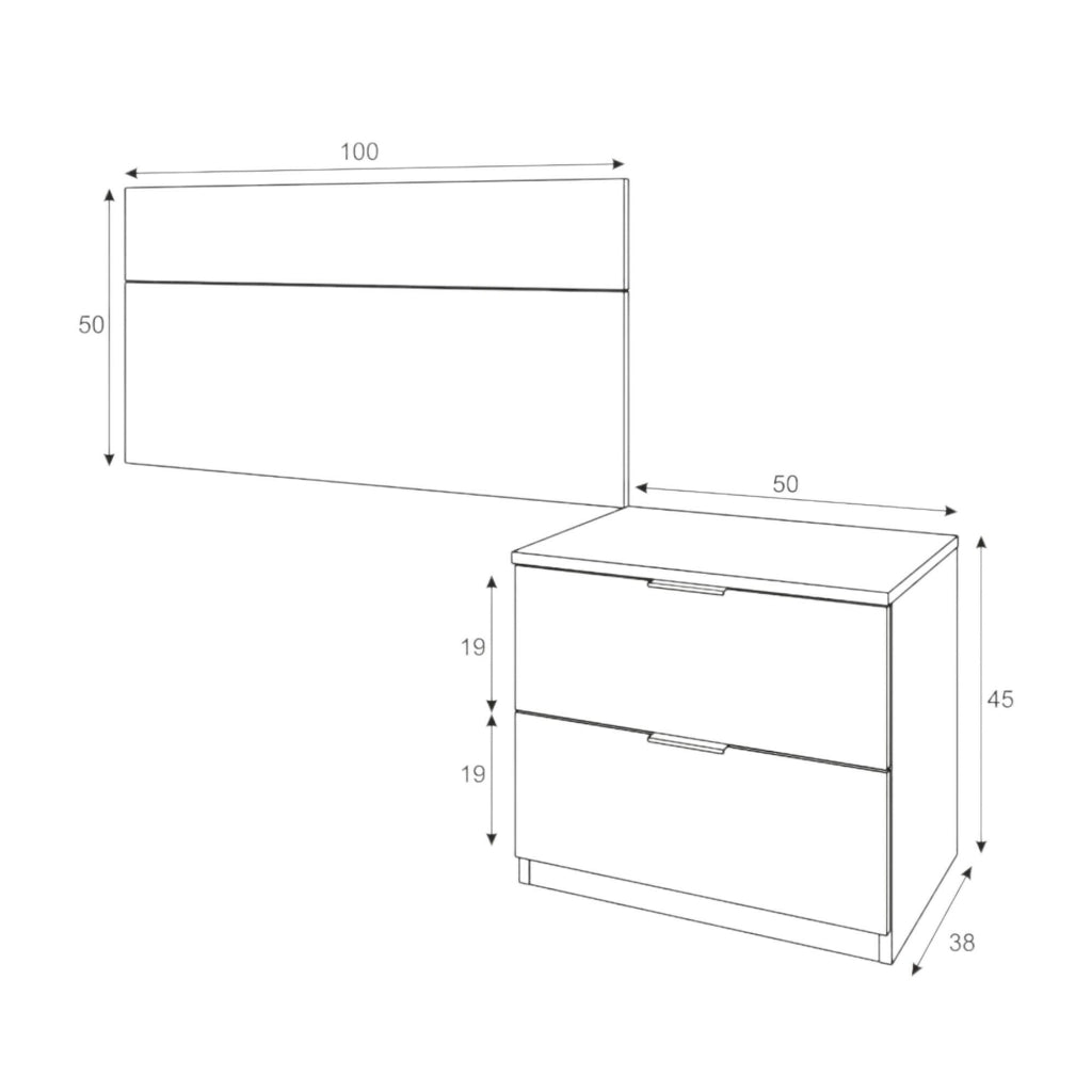 Comodino Aleangy, Comodino a due cassetti con testiera per letto singolo da 90 cm, cm 150 x 50 x 38, cm 50x38h75, Rovere e Bianco
