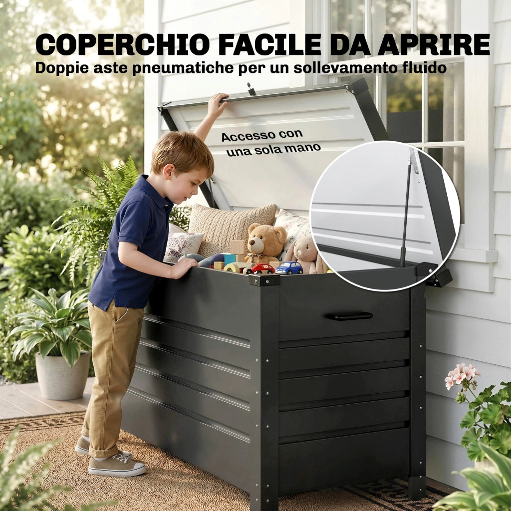 Cassa 350L, Box Metallo con Coperchio Bloccabile, Ruote, Maniglie Laterali, Grigio