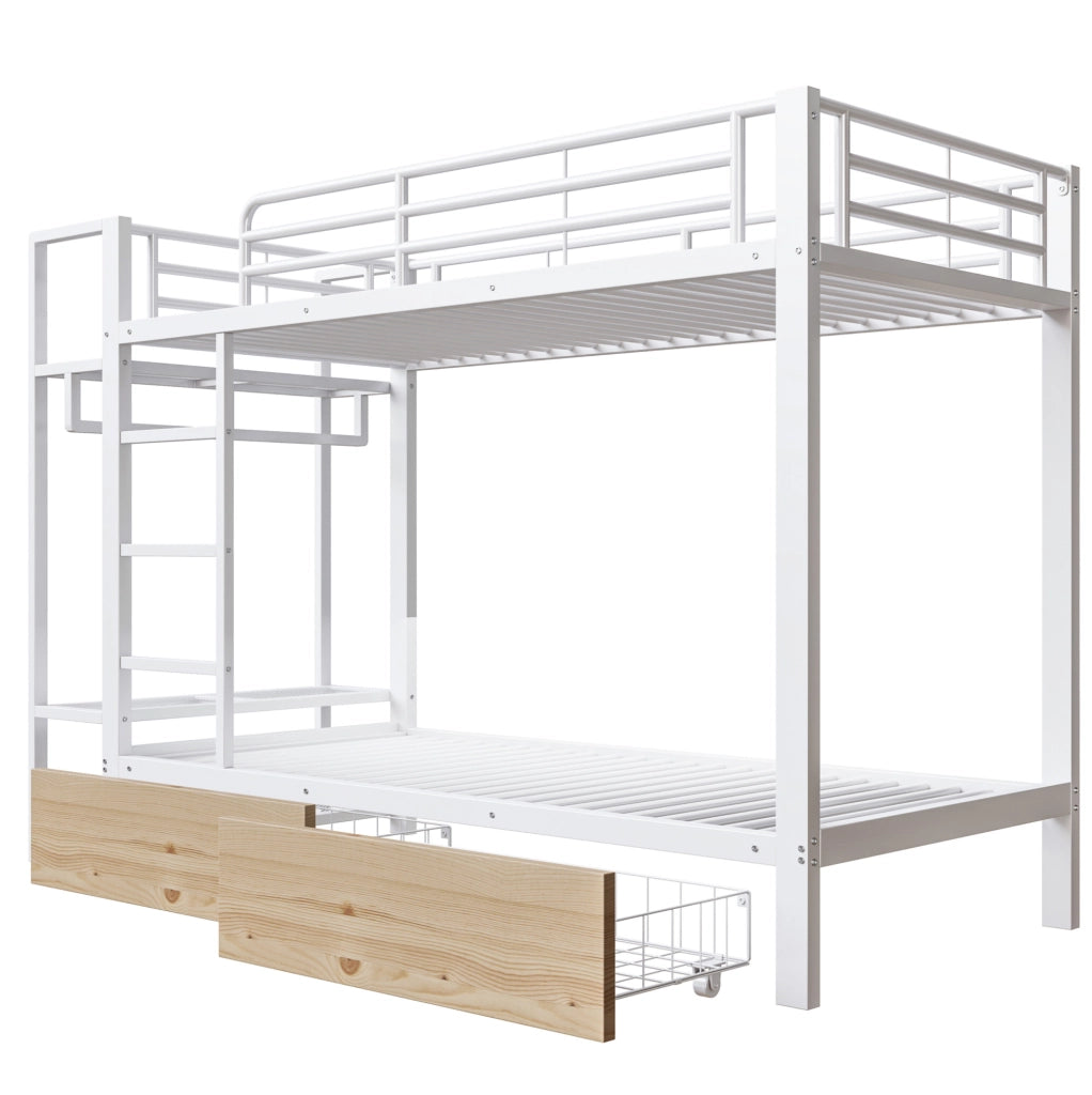 Letto a castello ULEVR 90x200 cm con 2 cassetti, ripiani, barra appendiabiti e luce LED, bianco