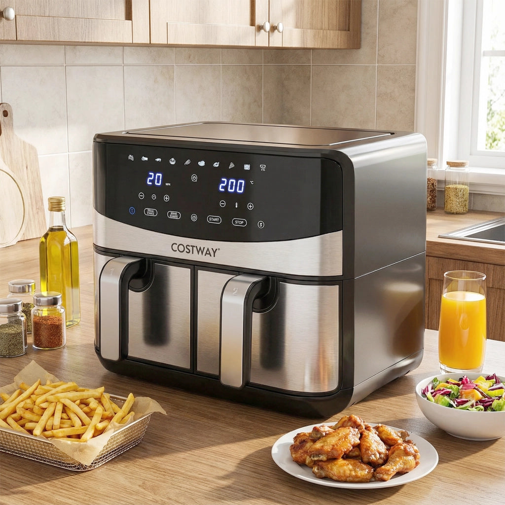 Friggitrice ad aria doppia 8L 10-in-1 doppio cestello sync cook match finish-Friggitrice touchscreen 360° 2100w lavastoviglie sicura aria calda