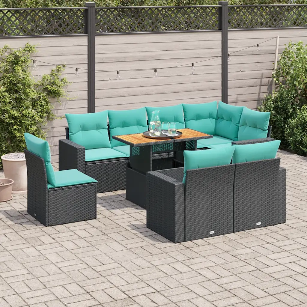 Set Divani da Giardino 9 pz con Cuscini Nero in Polyrattan