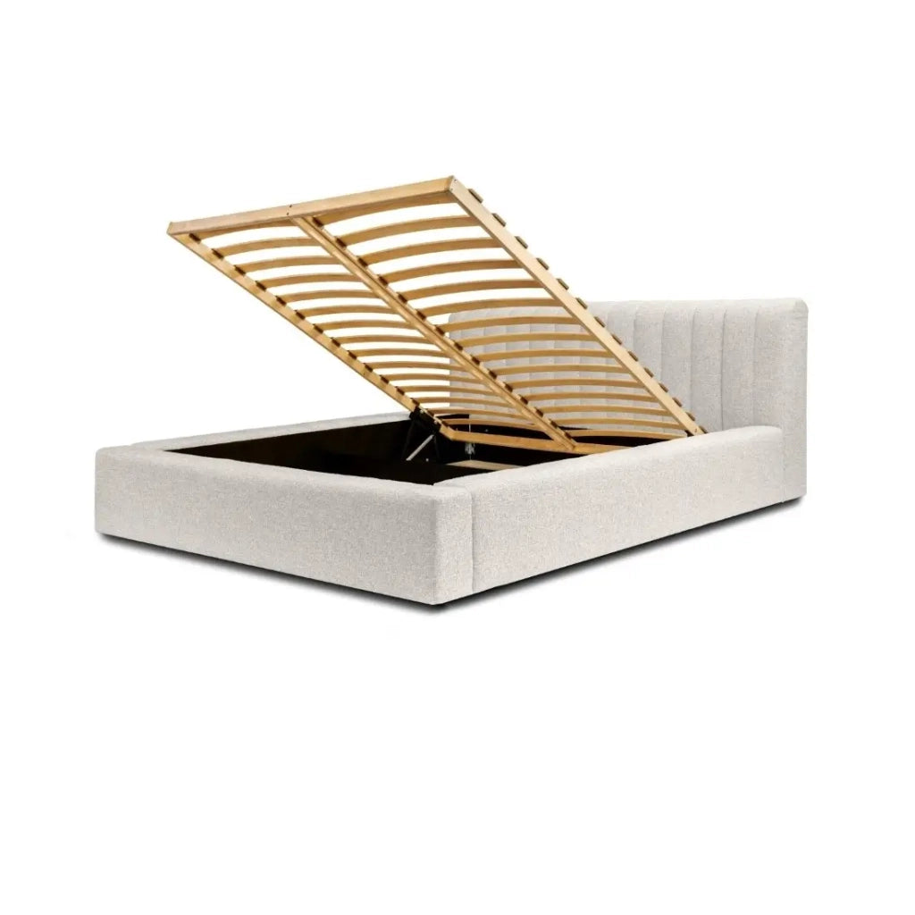 Lit coffre CERVIN – Tessuto bouclé Sabbia nuvolosa – 160x200 cm – Rete sollevabile – Design contemporaneo