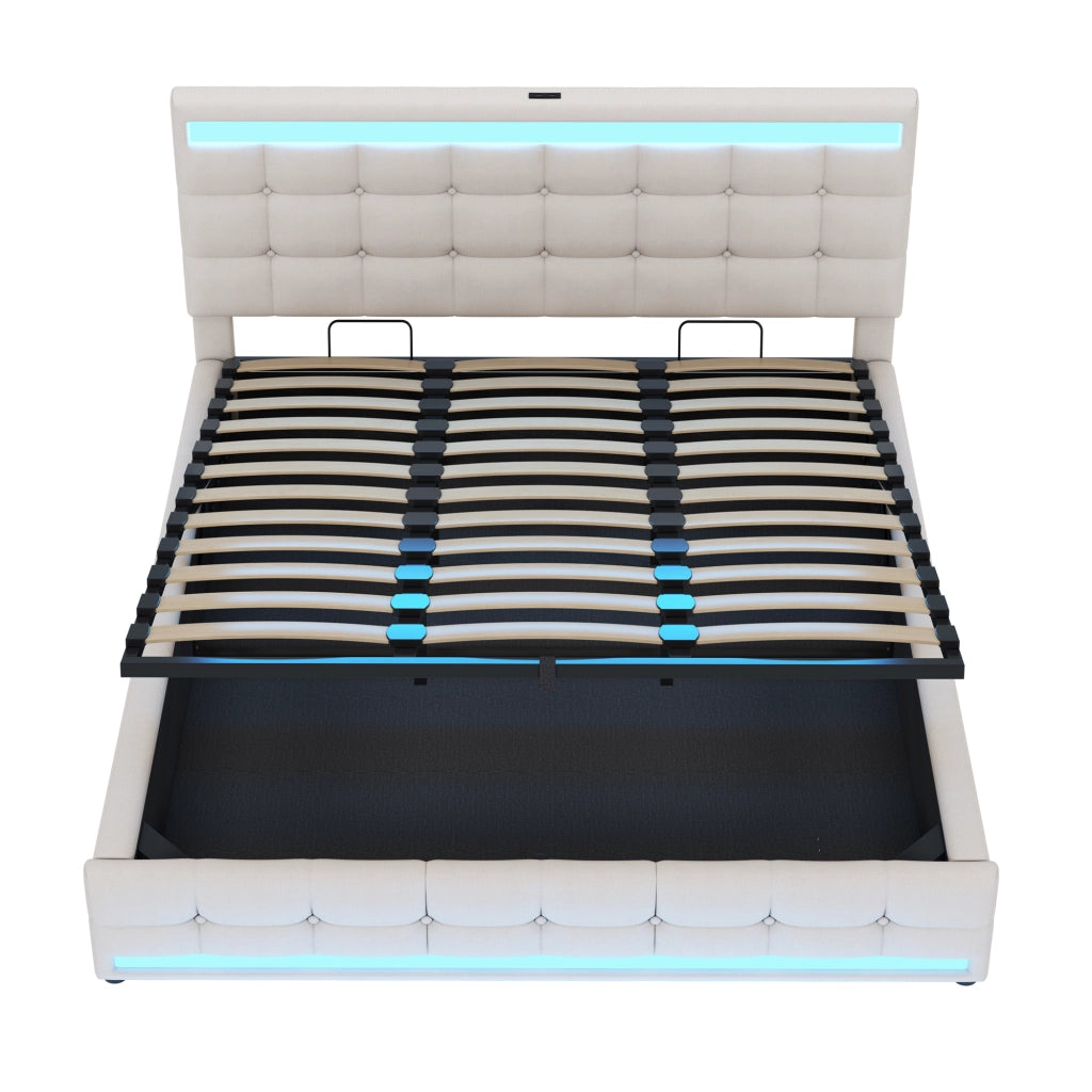 Letto imbottito matrimoniale 180×200 cm con LED RGB e USB; senza materasso; tessuto; beige