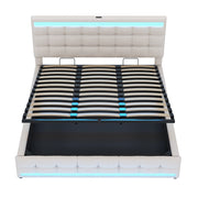 Letto imbottito matrimoniale 180×200 cm con LED RGB e USB; senza materasso; tessuto; beige