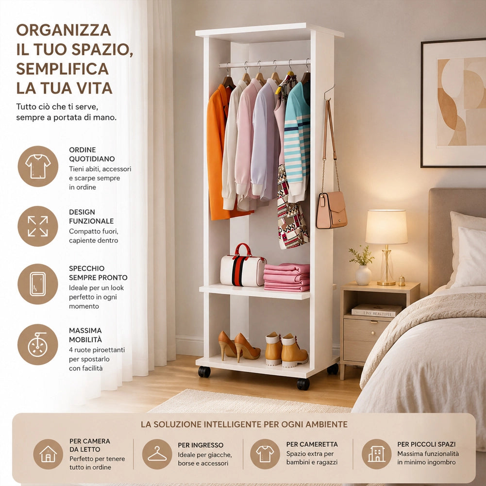 Guardaroba Girevole con Specchio e 4 Ruote Armadio Mobile 54x40x170 cm Bianco