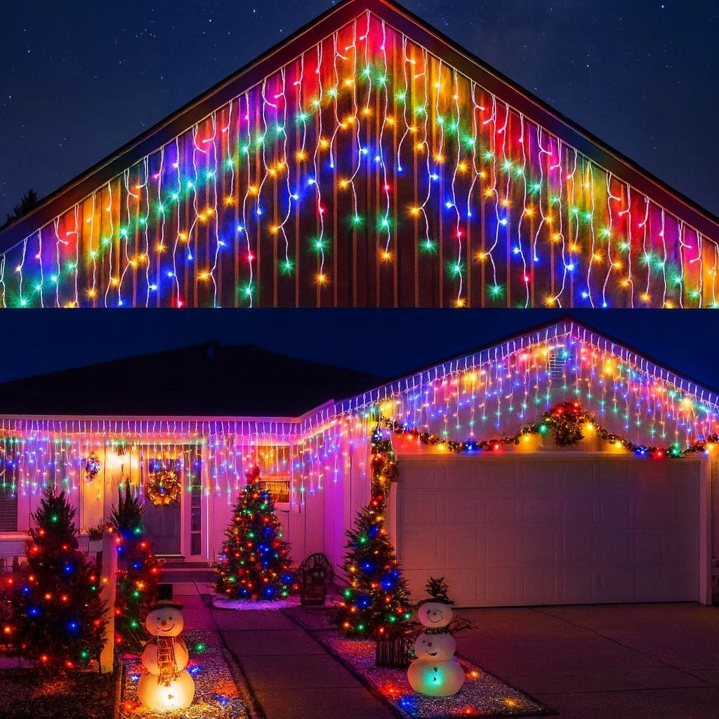 Tenda luminosa luci natalizie con 256 LED da 6mt prolungabile con luci multicolor e flash bianco freddo intermittente per balcone facciate interno esterno IP44 cascata