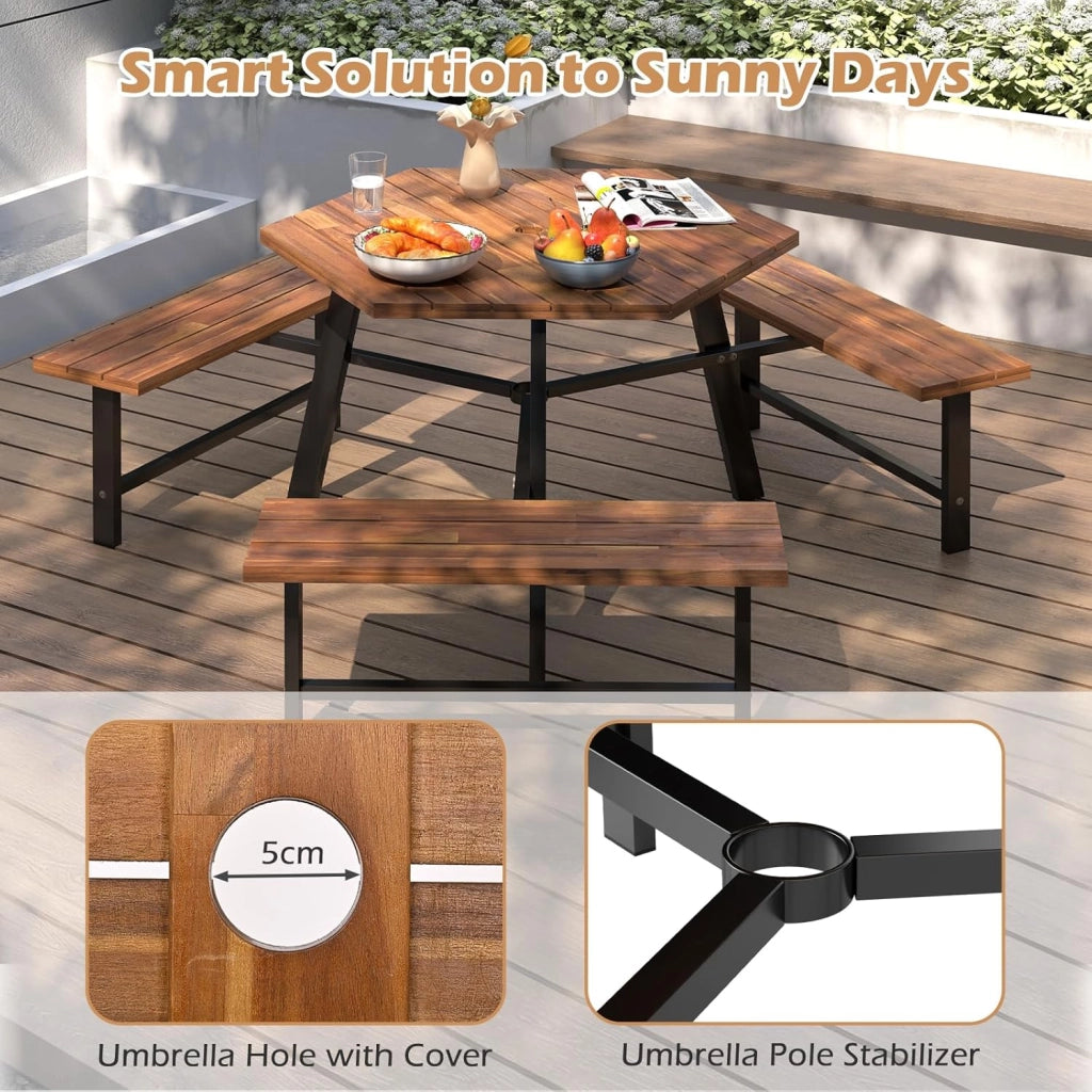 Set di mobili per 6 persone, set da picnic in legno di acacia con foro per ombrellone, set da tavolo e 3 panche per giardino, terrazza, 191 x 165 x 70 cm