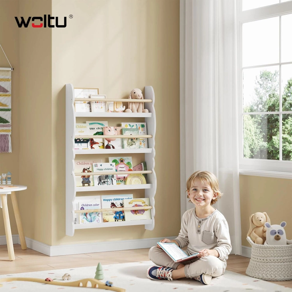 Libreria da Parete per Bambini, Piccola Libreria Frontale a 4 Ripiani in Legno, Scaffale Porta Libri a Muro per Cameretta, Bianco, 60x14,5x98 cm