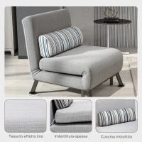 Poltrona Letto Singolo 3 in 1 con Schienale Reclinabile su 5 Livelli, Cuscino Imbottito e Materasso, Divano Letto Singolo Pieghevole per Soggiorno, in Acciaio e Lino, 75x70x75cm, Grigio Chiaro