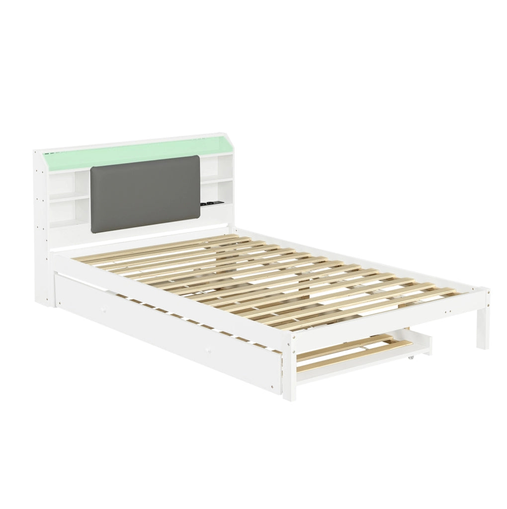 Letto 120x200 cm con letto estraibile; testiera imbottita; LED in legno bianco