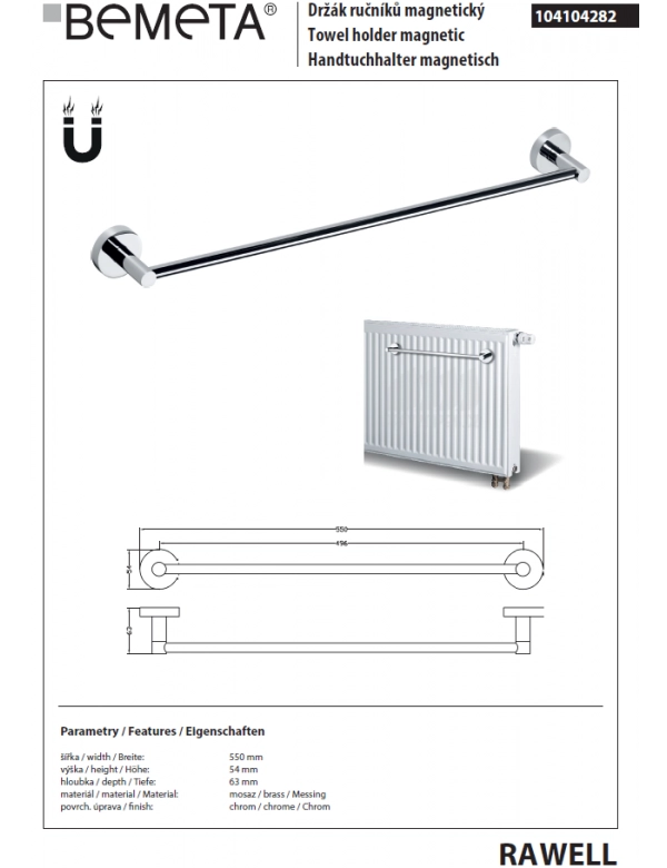 RAWELL portasciugamani magnetico per radiatore 55x5,4x6,3 cm in cromo