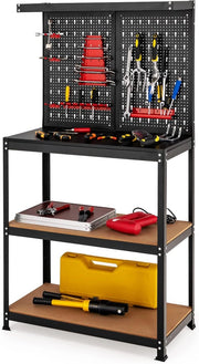 Banco da Lavoro, in Metallo e MDF, con 3 Ripiani, 13 Accessori da Appendere, 80,5 x 41x 155cm, per Garage, Casa, Officina e Magazzino