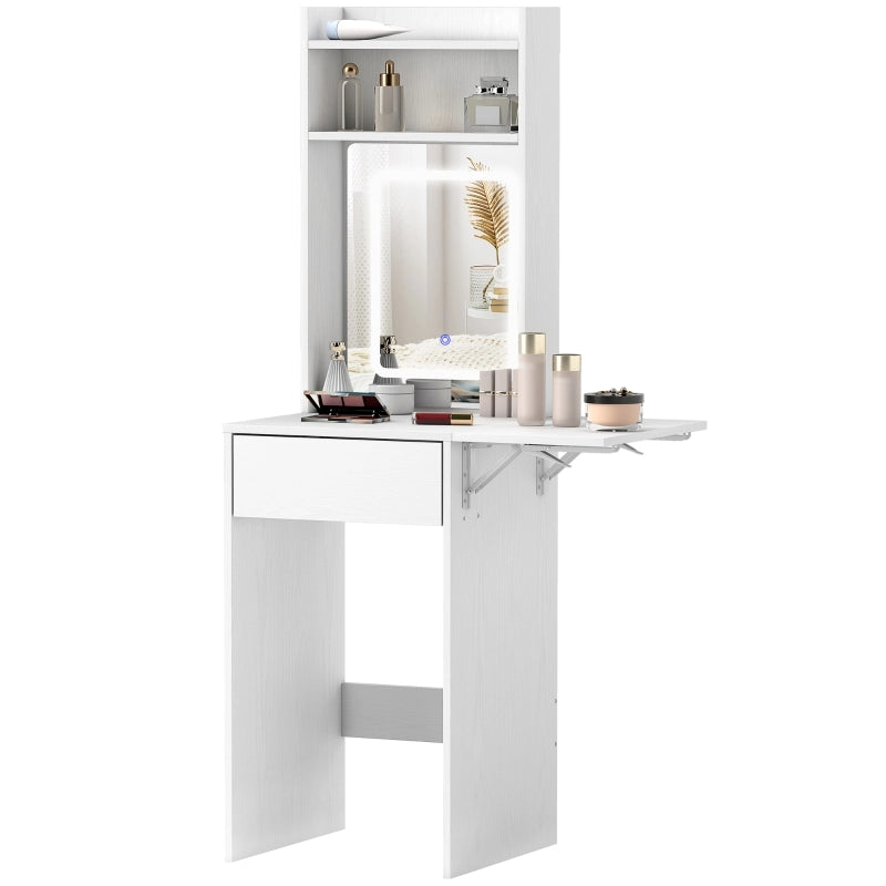 Tavolino da trucco compatto con specchio e illuminazione a LED, piano pieghevole, ripiani a giorno, cassetto, MDF, bianco
