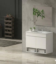 Mobile Bagno NEBARI Già Montato 2 portas, lavabo e specchio Bianco lucido 120x45 cm 1 lavabo