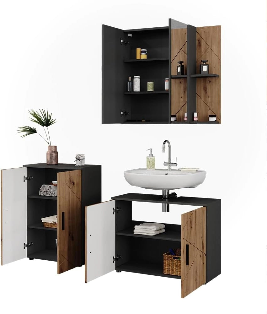 Set di mobili da bagno Irma, Antracite/Artisan, 80 cm, composto da mobile sottolavabo, specchiera e mobile medio