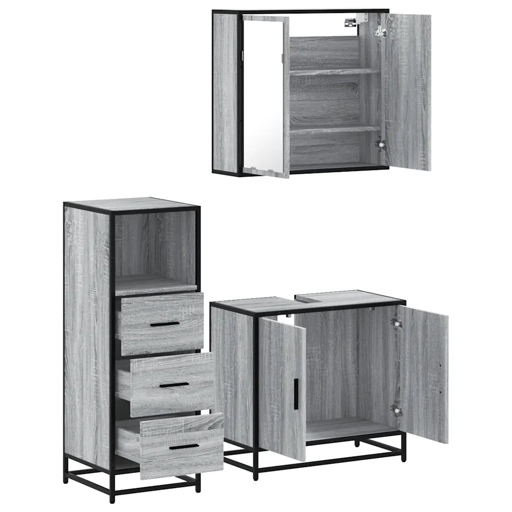 Set Mobili da Bagno | Armadio da bagno 3 pz Grigio Sonoma in Legno Multistrato
