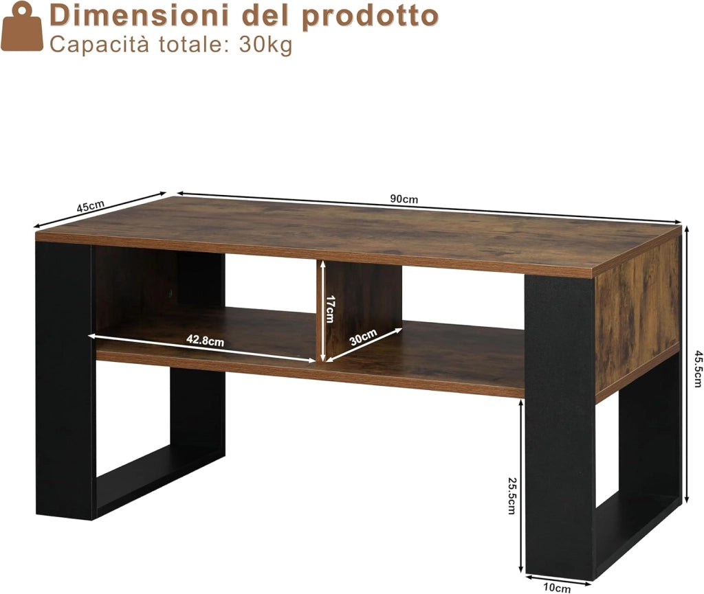 Tavolino da Salotto/Divano con 2 Scomparti Aperti, Tavolino Basso, Tavolo Laterale per Soggiorno, Camera da Letto, in Legno, Marrone Rustico + Nero, 90x45x45 cm, BTS16hov