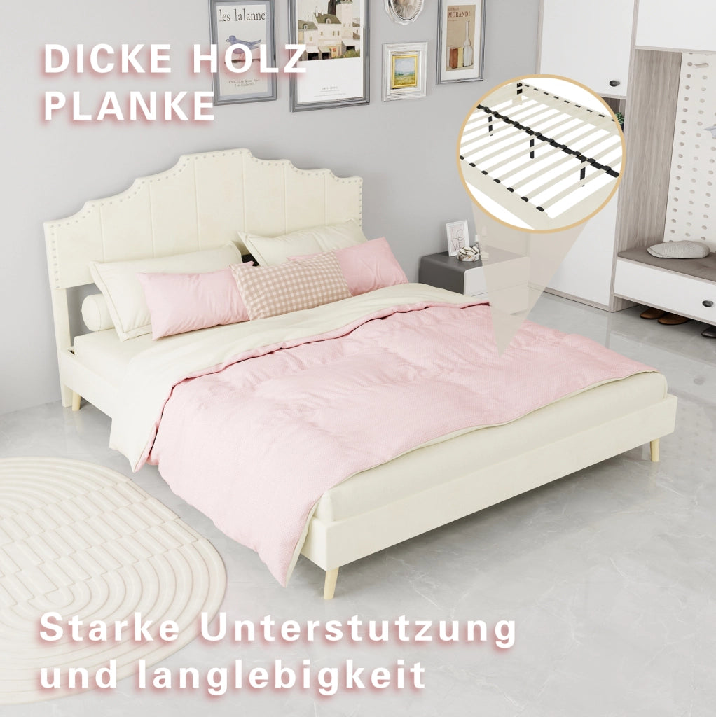 Letto matrimoniale 160x200 cm con testiera geometrica imbottita; tessuto beige