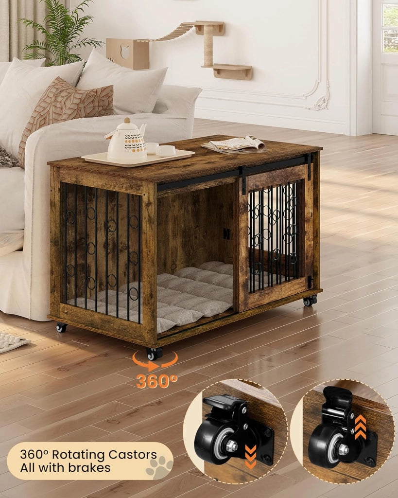 100cm Gabbia per Cani da Interno, Kennel Cane Medio Grande con 2 Porte e Ruote 360° Casetta Gabbia Movibile per Cani, Gabbie per Cane Arredamento in Legno Marrone Vintage 100x56x65cm