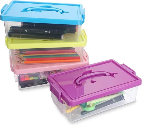 4 set di penne trasparenti in scatola a stappello con coperchio, chiusura a gomito e maniglia, multicolore, astuccio per penne