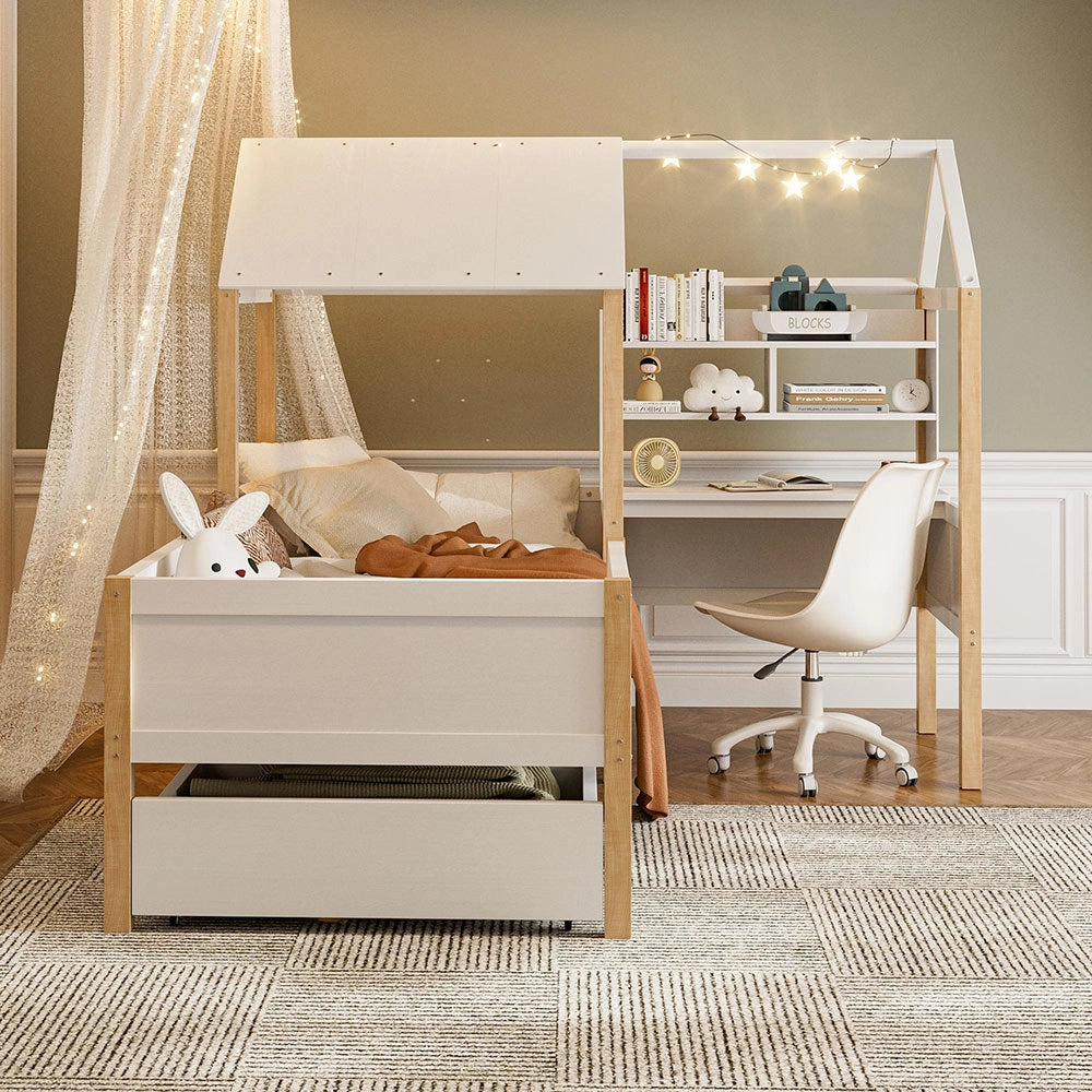Letto bambino 90x200cm - Xylo - bianco, scrivania L, cassetti, sicuro