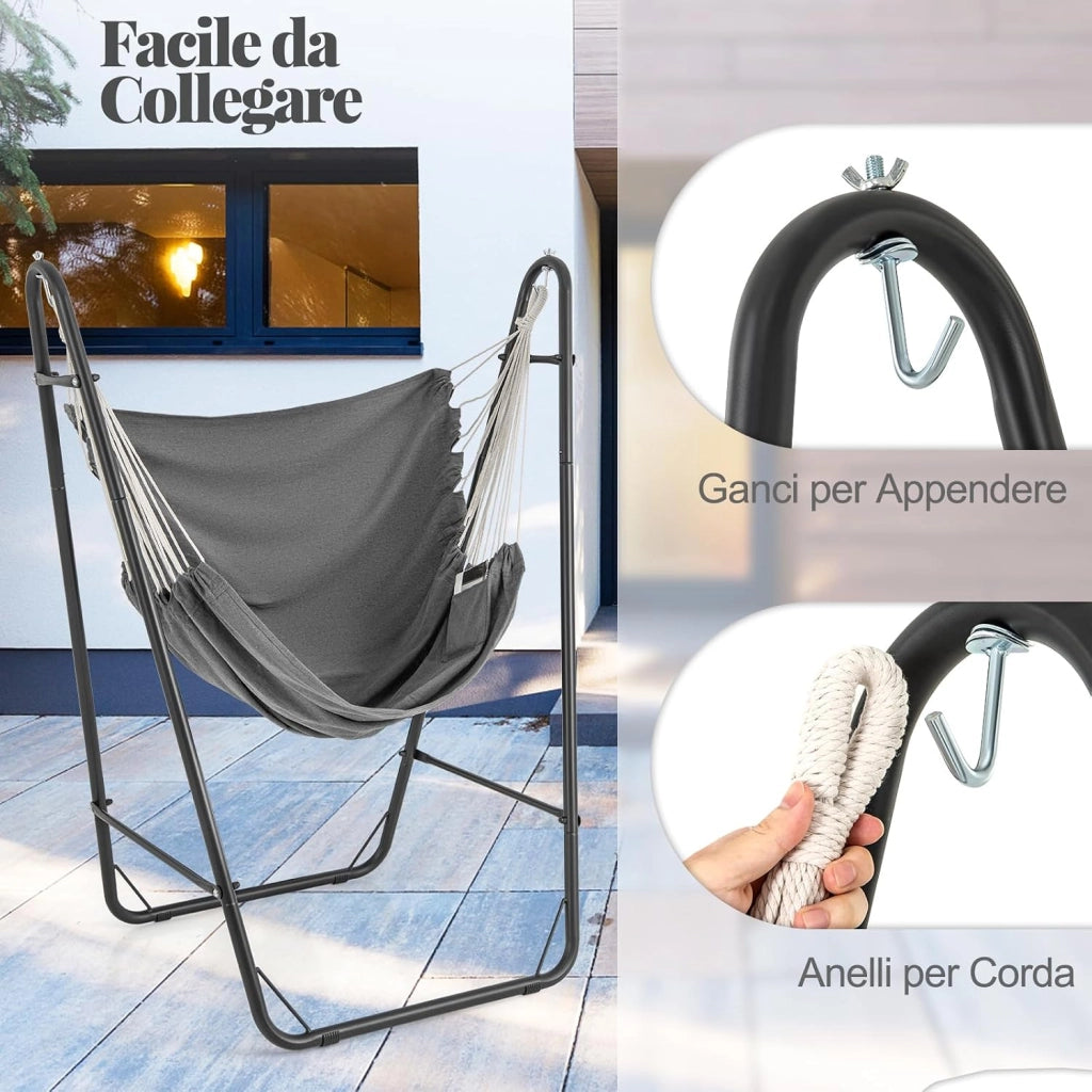 Sedia Sospesa con Supporto in Metallo, con Tasca Laterale | Poltrona a Dondolo Sospesa, Ganci e Piedini Antiscovolo, Sedia Amaca con Telaio per Interno ed Esterno, Portata 120 kg