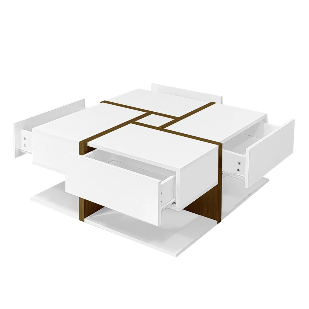 Tavolino da caffè 78x78x34.8 cm; 4 cassetti con finitura lucida e ripiano inferiore; truciolato bianco