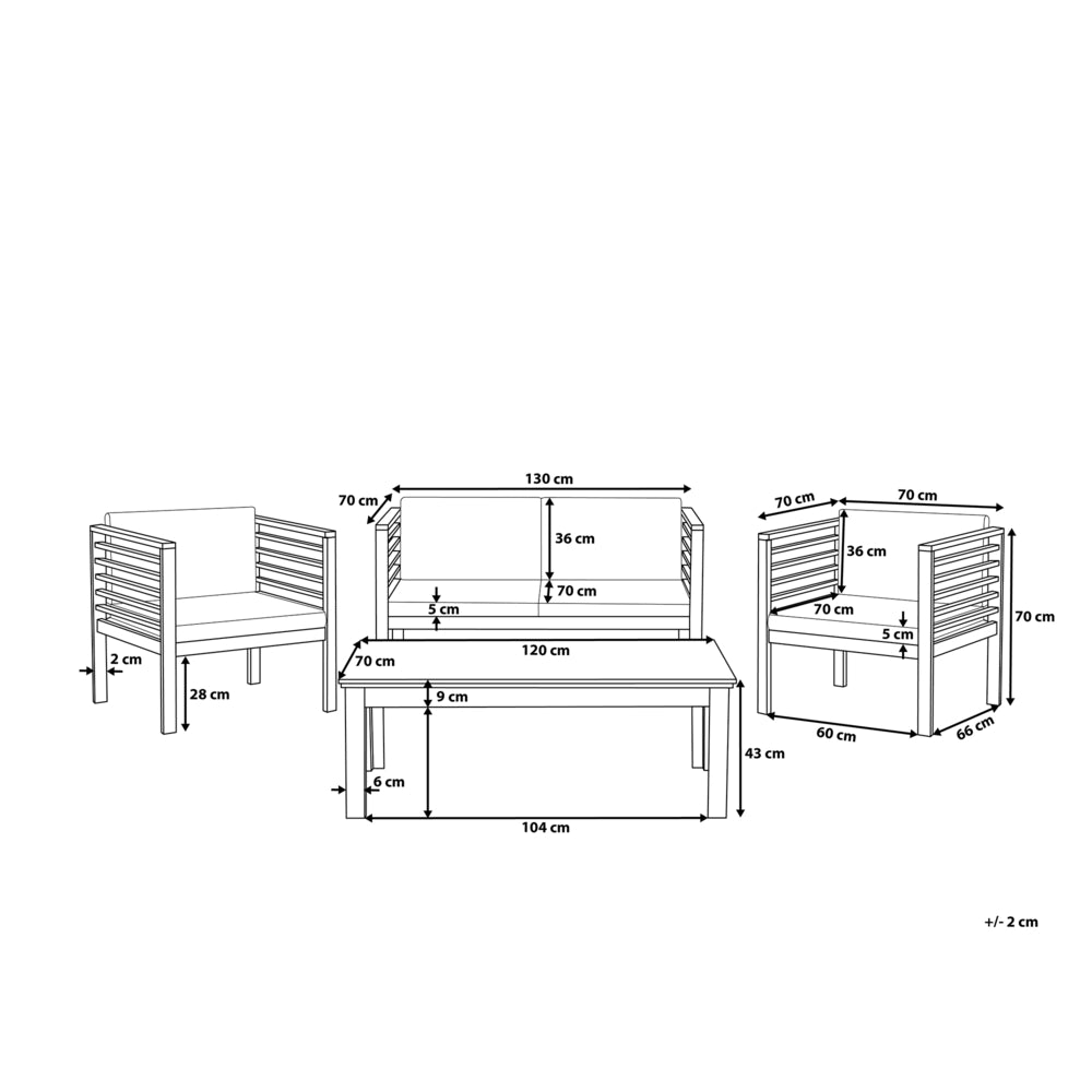 Set Conversazione Giardino Legno Acacia Cuscini Neri Moderno Esterno 4 Posti con Tavolino