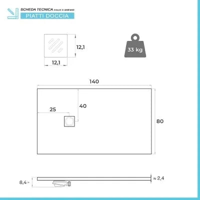 Piatto doccia in resina 80x140 Arena beige completo di kit scarico