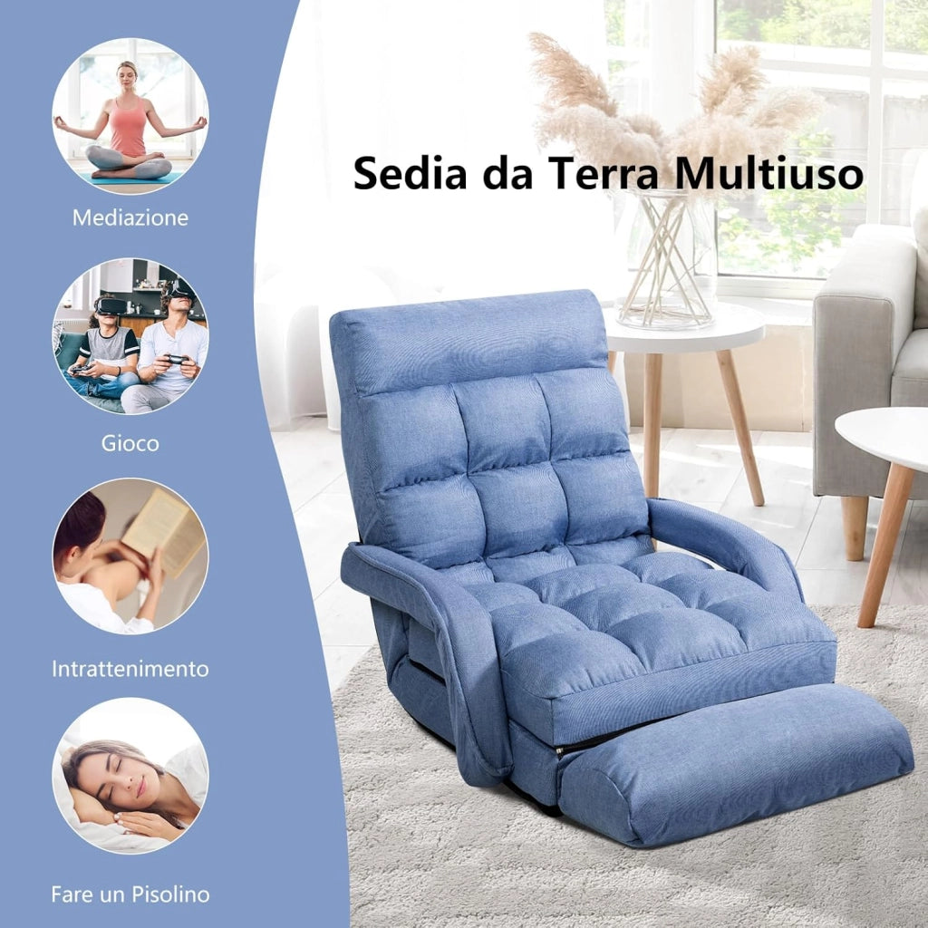 Poltrona Divano con 5 Livelli Regolabili, Sedia da Terra con Braccioli e Cuscino, Struttura in Acciaio, Multifunzione e Pieghevole per Soggiorno Camera da Letto, 55x66x71 cm (Blu)