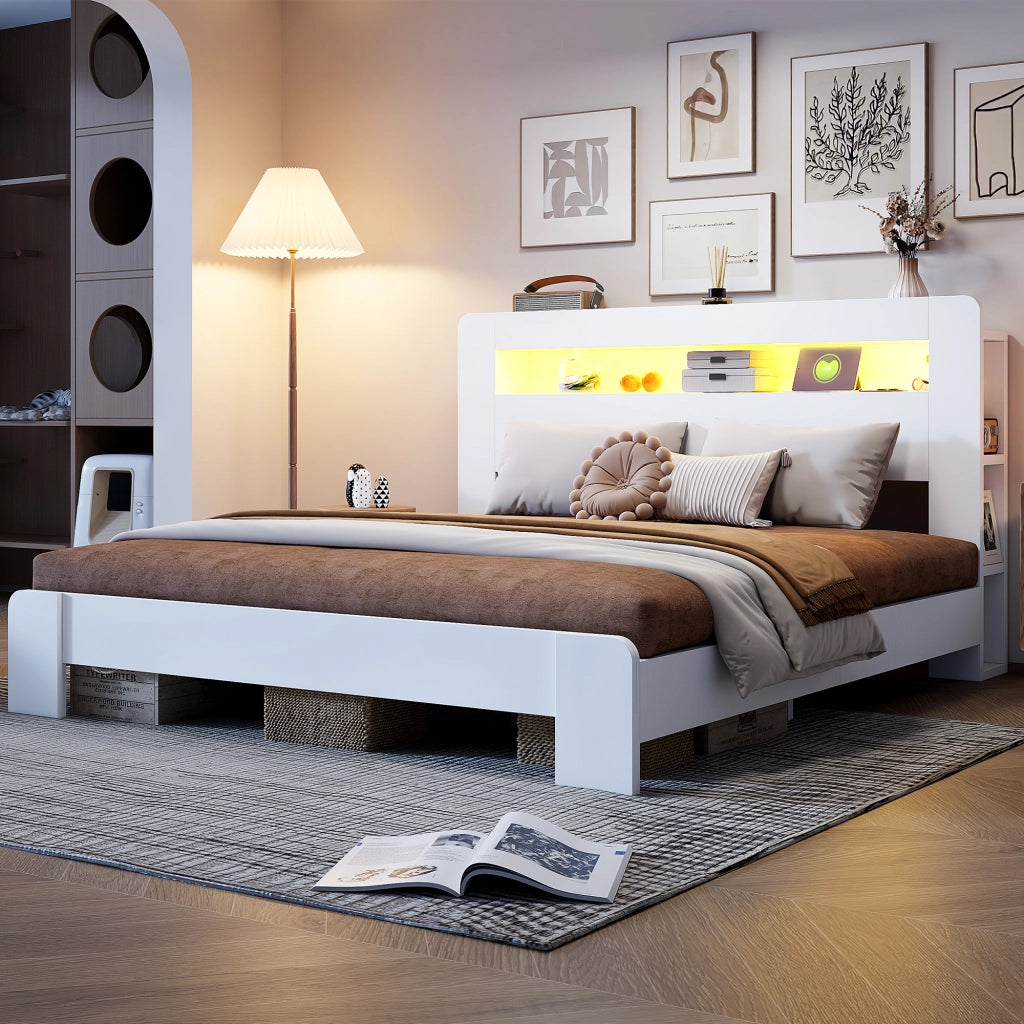 Letto con piattaforma 180x200 mm illuminazione a LED prese elettriche con vani portaoggetti legno bianco