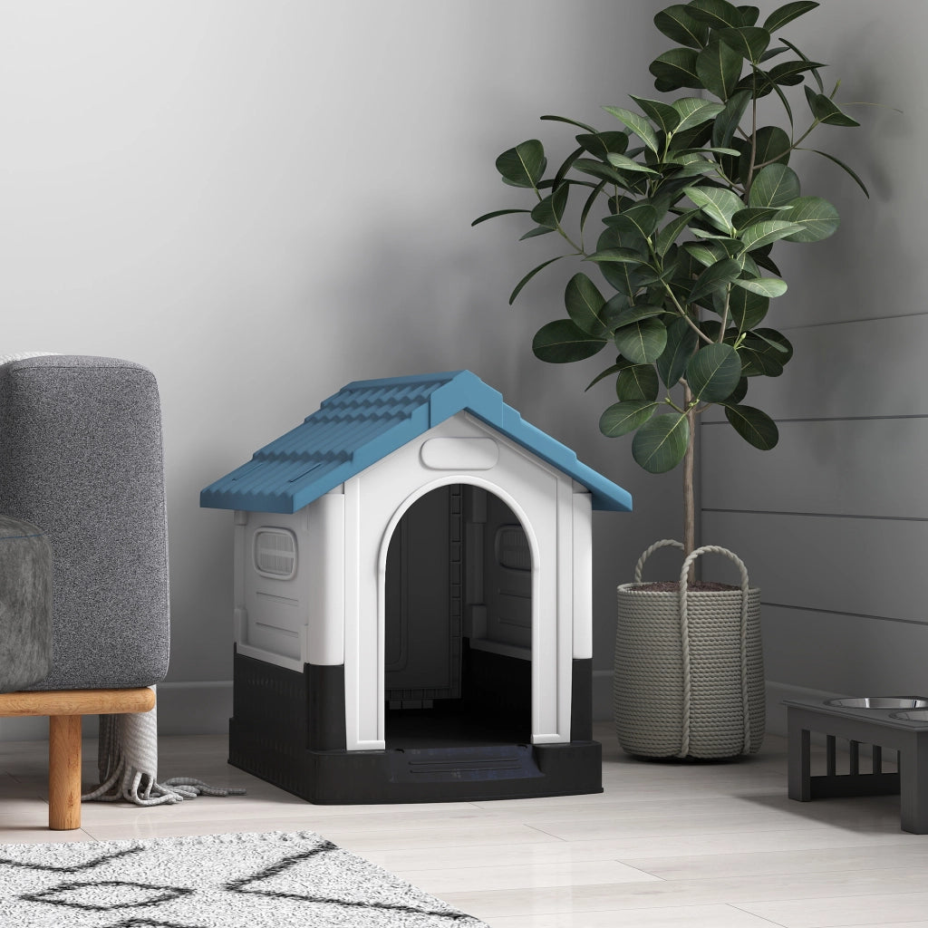 Cuccia per Cani Piccoli da Esterno 64,5x57x66 cm con Finestre e Base Rialzata in Plastica Blu
