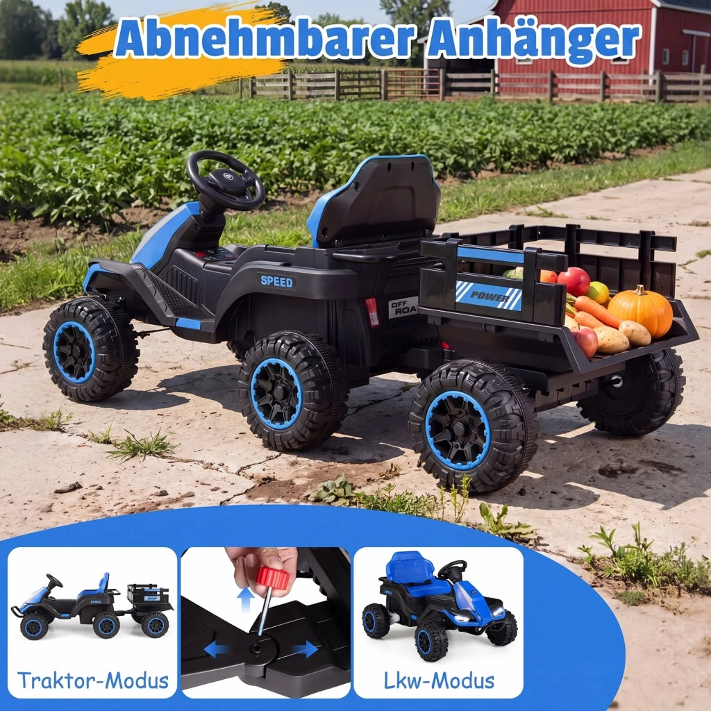 Trattore Elettrico per Bambini da 3 Anni 24V con Telecomando 2.4 GHz, Blu, Robusto e Facile da Usare per Giardino