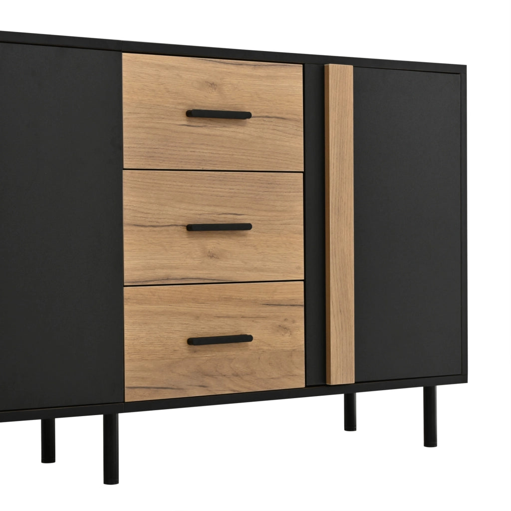 Credenza 140x35x70 cm in MDF con 3 ante e 3 cassetti; nero e effetto legno