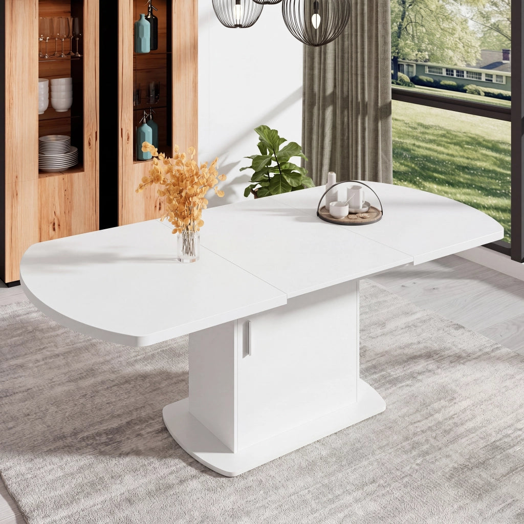 Tavolo da pranzo ovale estensibile con vani contenitori e armadi; per sala da pranzo; bianco argento; 140 × 80 × 75 cm