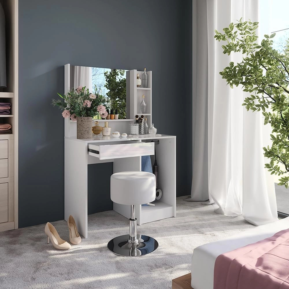 Tavolo da toeletta Sherry, Bianco/bianco lucido, 89.8 cm 4 parti
