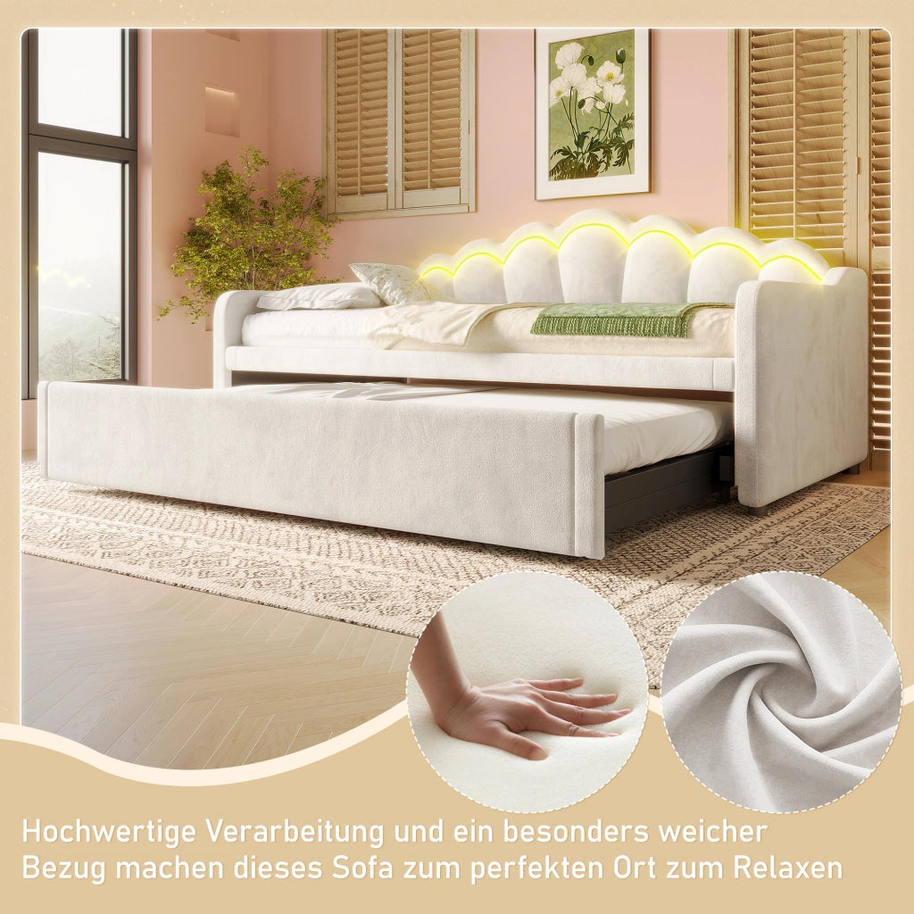 Divano letto estraibile con letto a scomparsa e striscia LED multicolore, testiera ondulata in velluto e MDF beige