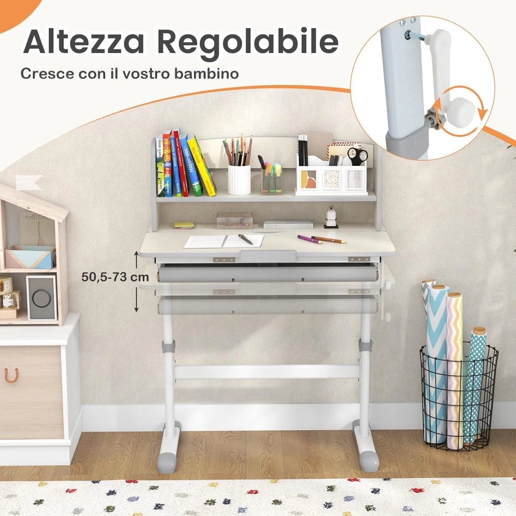 Scrivania per Bambini Altezza Regolabile con Piano Inclinabile | Banco Scuola Multifunzionale per 3-12 Anni con Libreria e Cassetto, Scrittoio Cameretta, Grigio