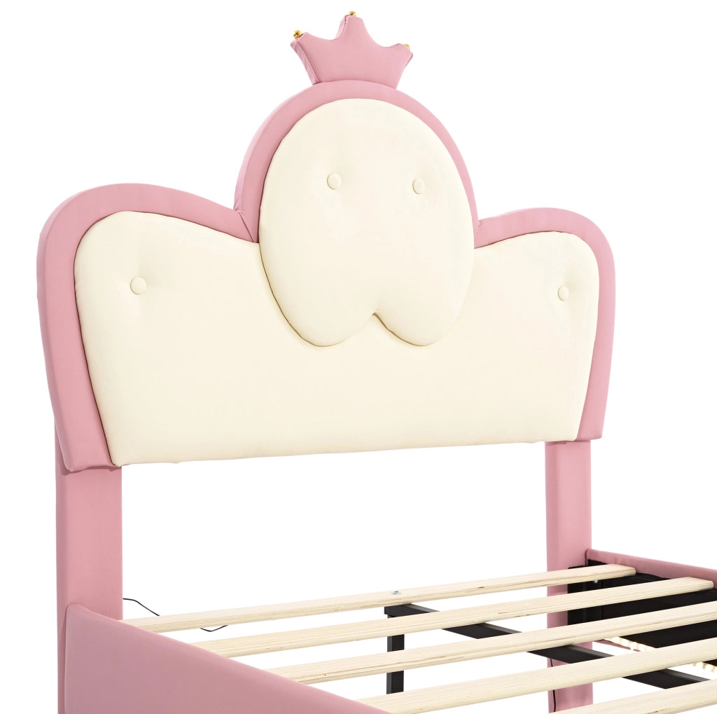 Letto singolo 90x200 cm con LED; testiera ondulata e corona; PU bianco e rosa