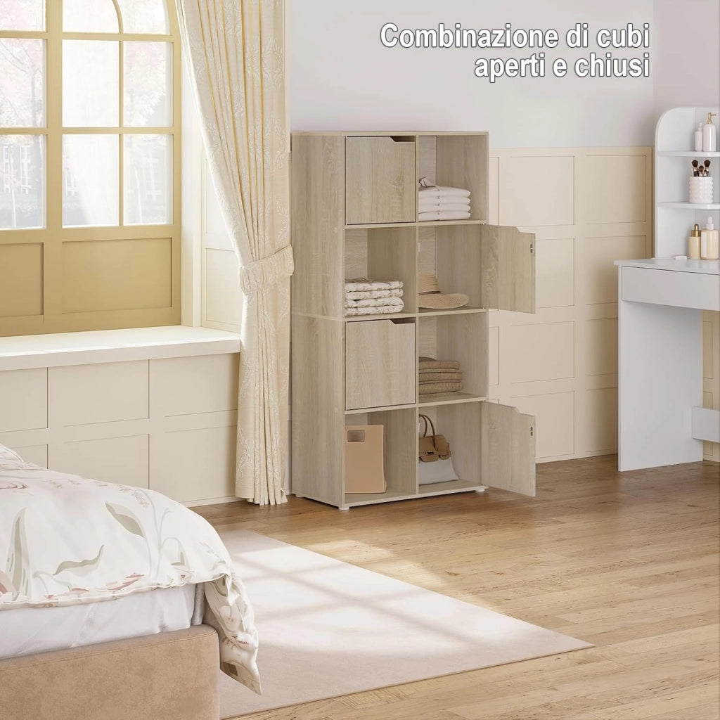 Libreria Autoportante, Porta Libri a 8 Cubi, Libreria con 4 Ante, Scaffale Portaoggetti per Soggiorno, Ufficio, Studio, Camera da Letto, in Legno, Rovere Chiaro, SK039hei