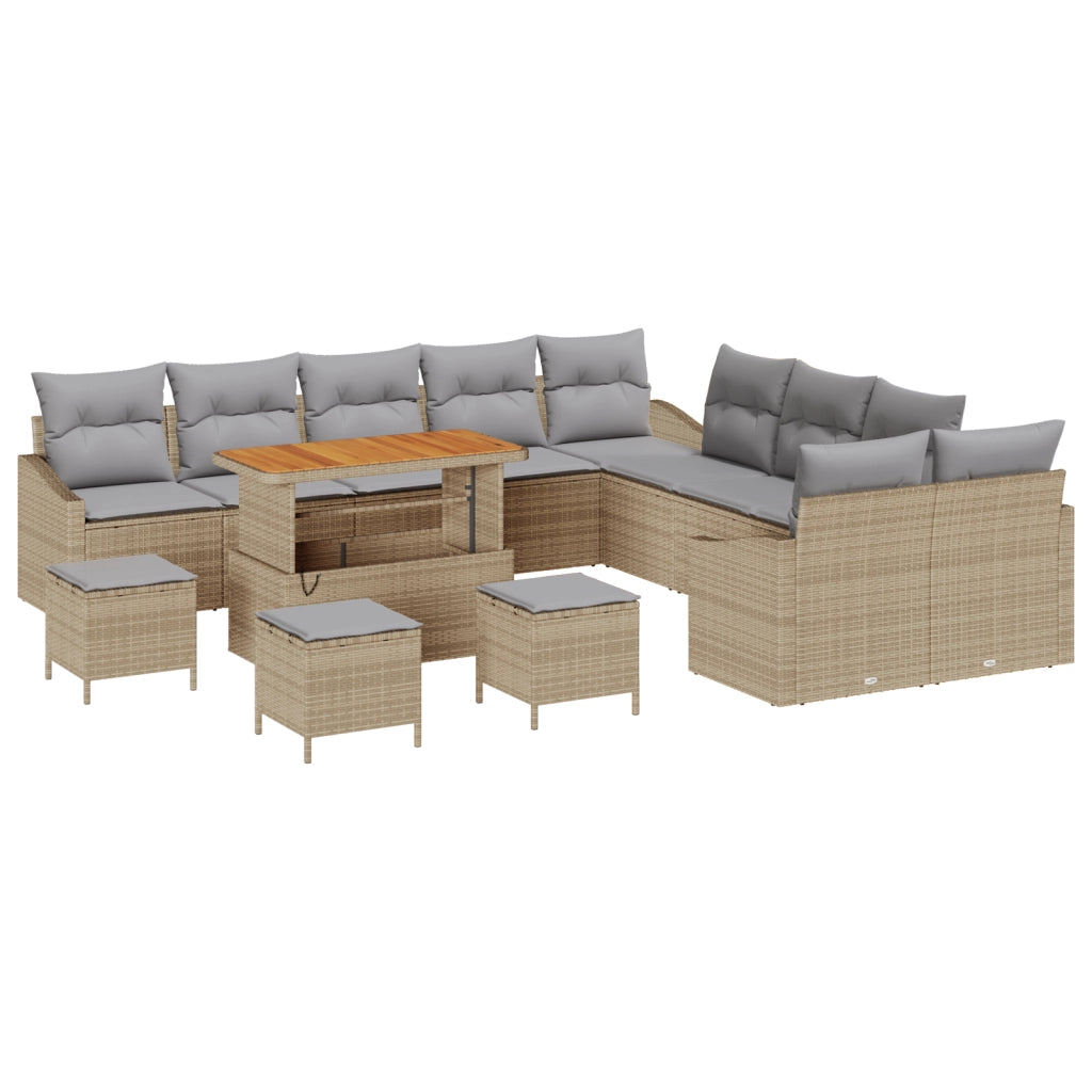 Set di divani da giardino da 14 pezzi con cuscini in rattan poliestere beige