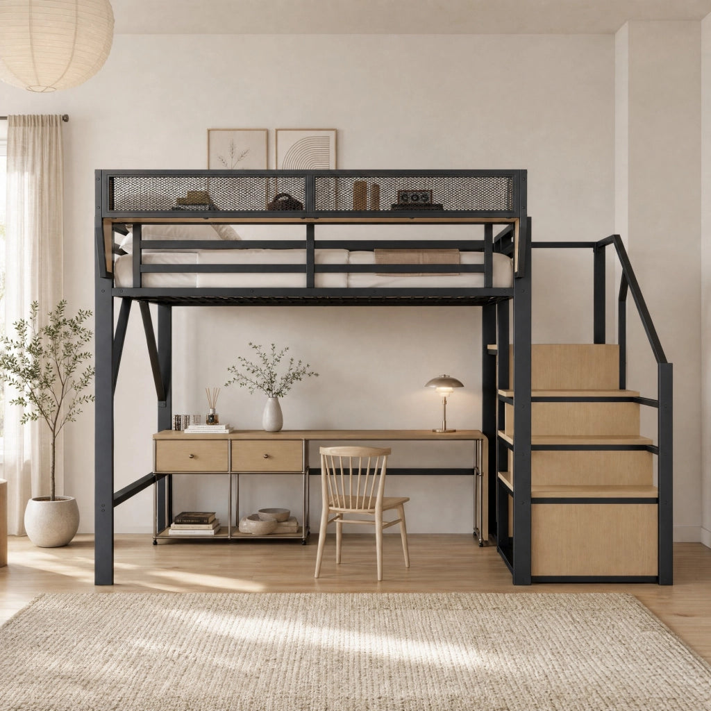 Letto a soppalco 140x200 cm in metallo e MDF con scala di sicurezza; nero