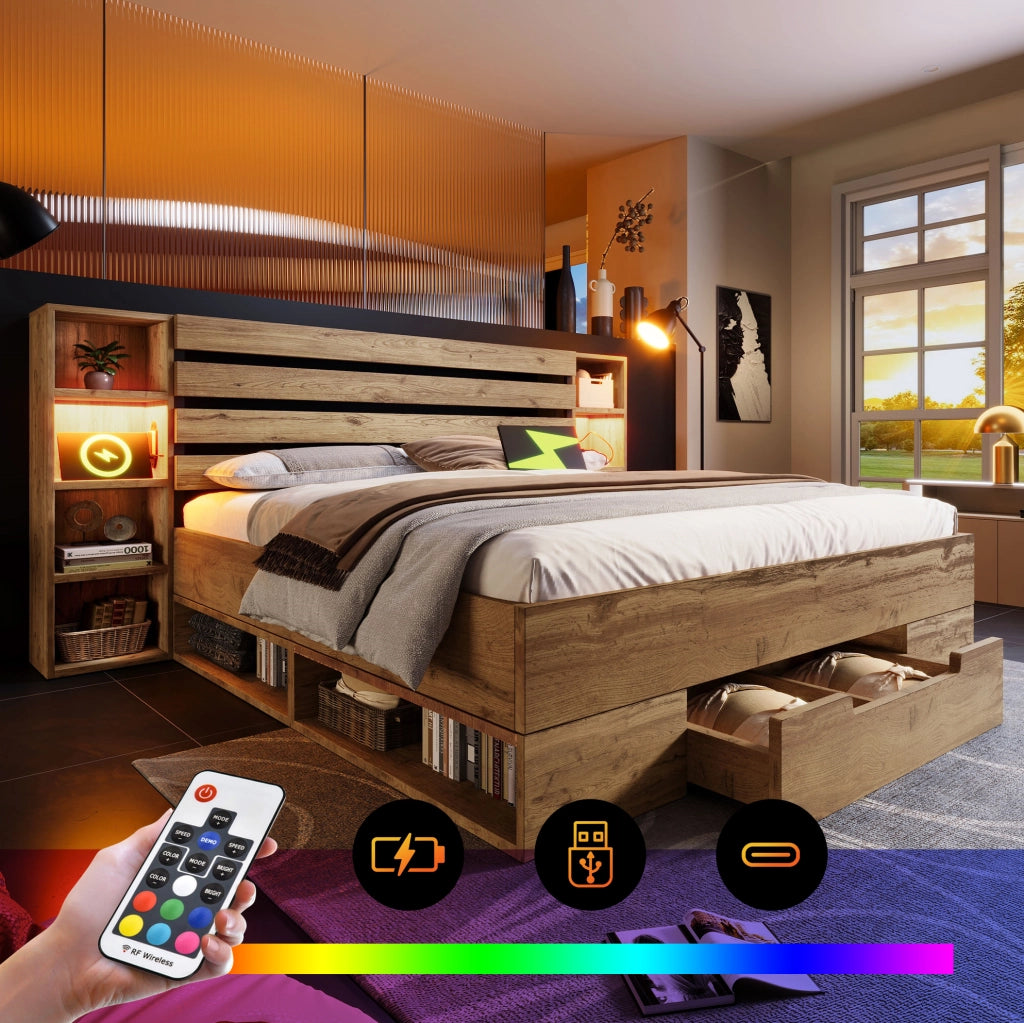 Letto matrimoniale con contenitore, luci LED e porte USB/Type-C, quercia, 160 x 200 cm
