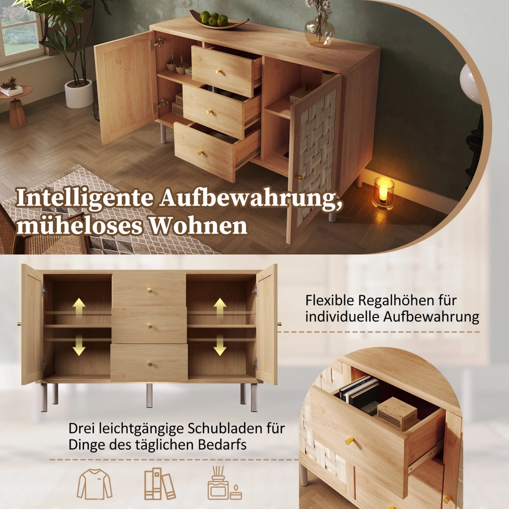 Credenza con 2 ante; 3 cassetti e ripiani regolabili - in legno - 120x40x75 cm - rovere