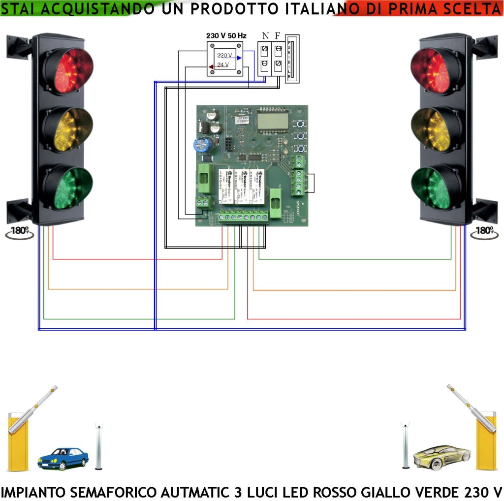 Kit Semafori Orientabili 180° Semaforo 24 Led Rossi 24 Led Gialli 24 Led Verdi 230 V 50 Hz 3 W CE IP65 Funzione Automatica Tempi Regolabili da 3 a 240. Sgombero Controllo Transito Veicoli Condominio