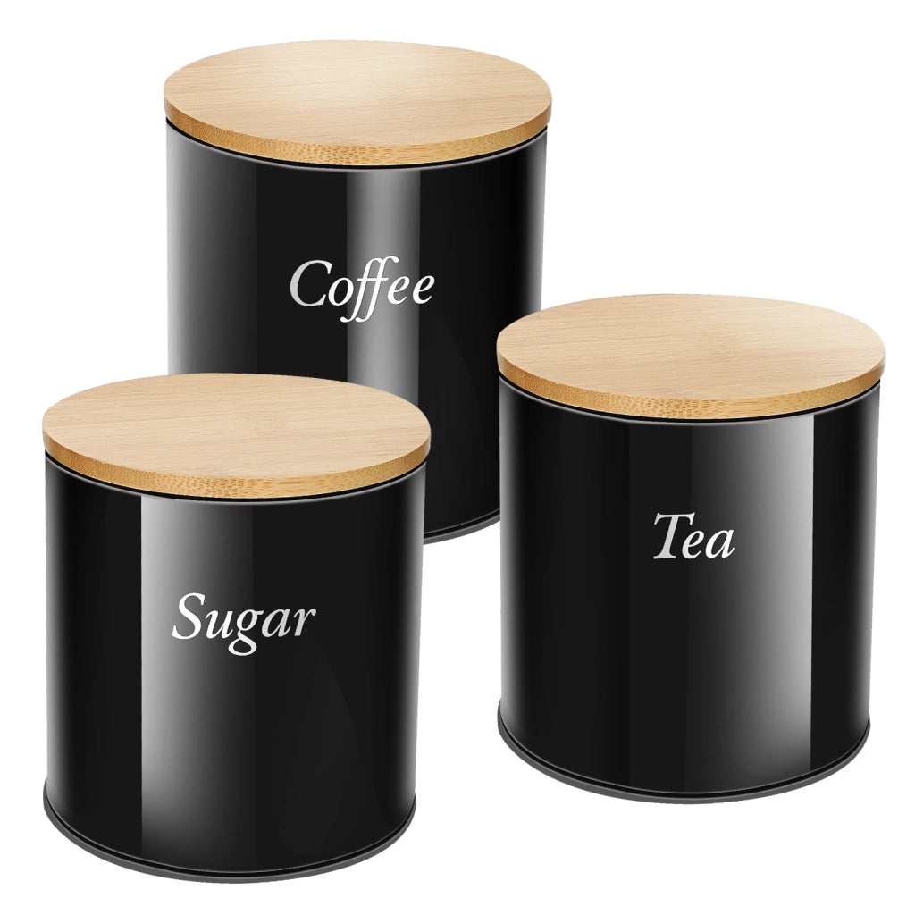 Insieme 3 Scatole in acciaio inox con coperchio in bambù per caffè, zucchero e tè Nero / Marrone Cheffinger