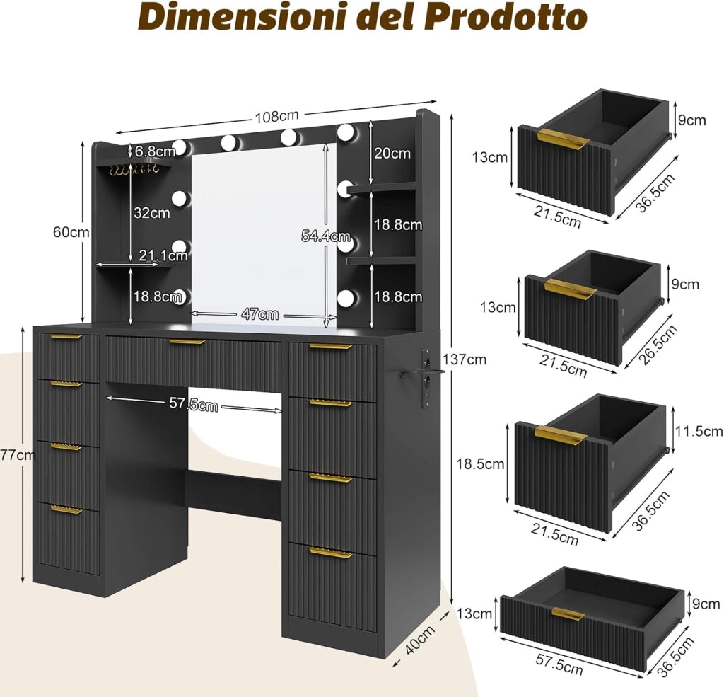 Mobile da Trucco Moderno con Illuminazione e Presa - Grande Comodino con Specchio, 9 Cassetti e Porta Phon, Tavolo Vanity per il Make-up (Nero)