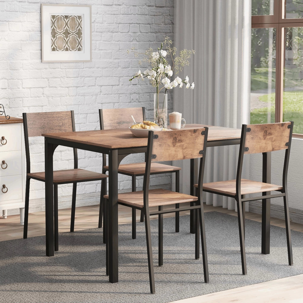 Set tavolo da pranzo con 4 sedie salvaspazio, finitura marrone, struttura in metallo, 108x65x75 cm