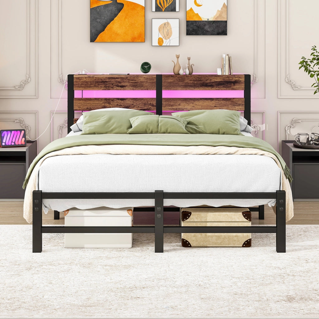 Letto matrimoniale 120x200 cm in metallo e legno con LED RGB, USB e spazio contenitivo