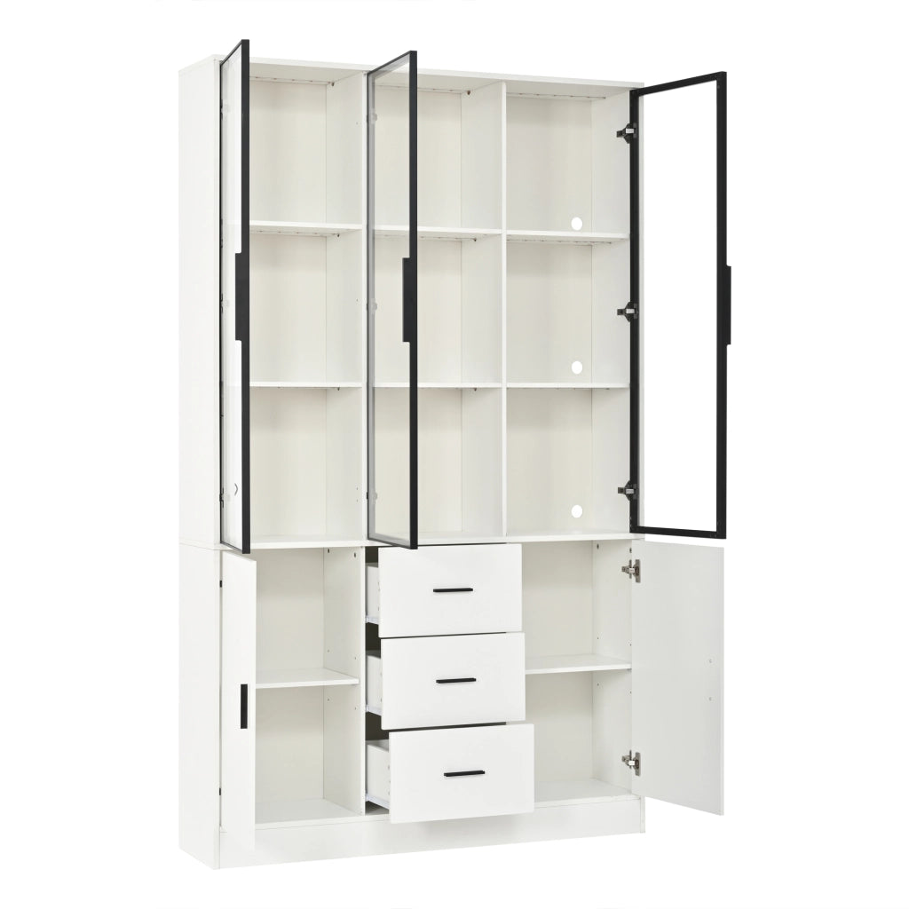 Vetrina alta con LED RGB, 5 ante, 3 cassetti, 13 scomparti, 120x30x200 cm, bianco